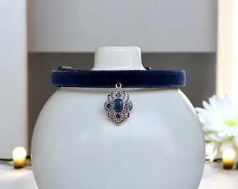 Moonlit Sapphire - Velvet Cat Collar with blue rhinestone Charm - Breakaway cat collar, Kitten collar, Lush navy blue velvet pet collar.