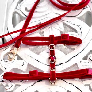 Posh Plush Ruby Harness Set- Luxe Red Velvet Rhinestone Cat Harness and Leash Set, Kitten Harness and Leash Set, Small Dog Harness and Leash