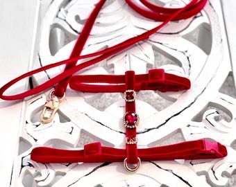 Posh Plush Ruby Harness Set- Luxe Red Velvet Rhinestone Cat Harness and Leash Set, Kitten Harness and Leash Set, Small Dog Harness and Leash