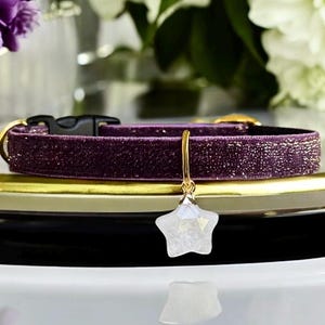 Natural Clear Quartz -  Shimmering Dark Purple Velvet Cat Collar with Natural Clear Quartz Charm, Breakaway kitten collar, Luxe cat collar.