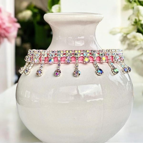 Pink Radiance Velvet Pet Collar - Dazzling AB Rhinestone Cat Collar, Small Dog Collar, Safety Pet Collar, Aurora Rhinestone Cat Collar.