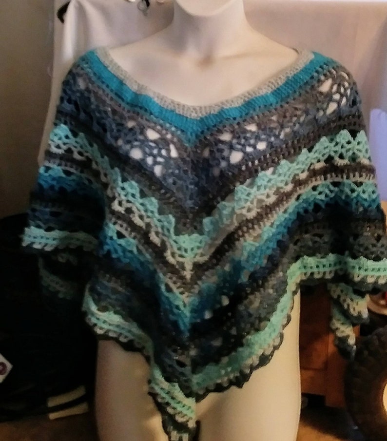 Plus Size Ready To Ship Hand Crochet Shades of Blue Lacey Poncho