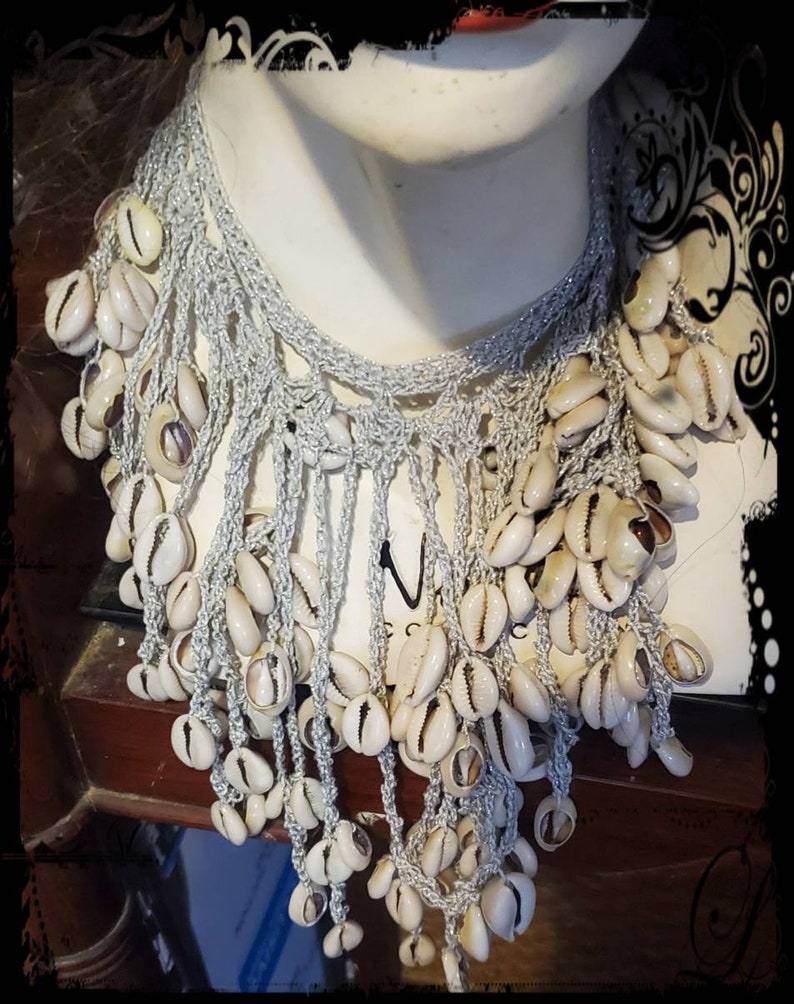 Hand Crochet Genuine Cowrie Shell Yemaya Orisha Necklace Silver Glitter Cotton Thread Ready 2 Ship Prosperity Fertility Yoruba Deity