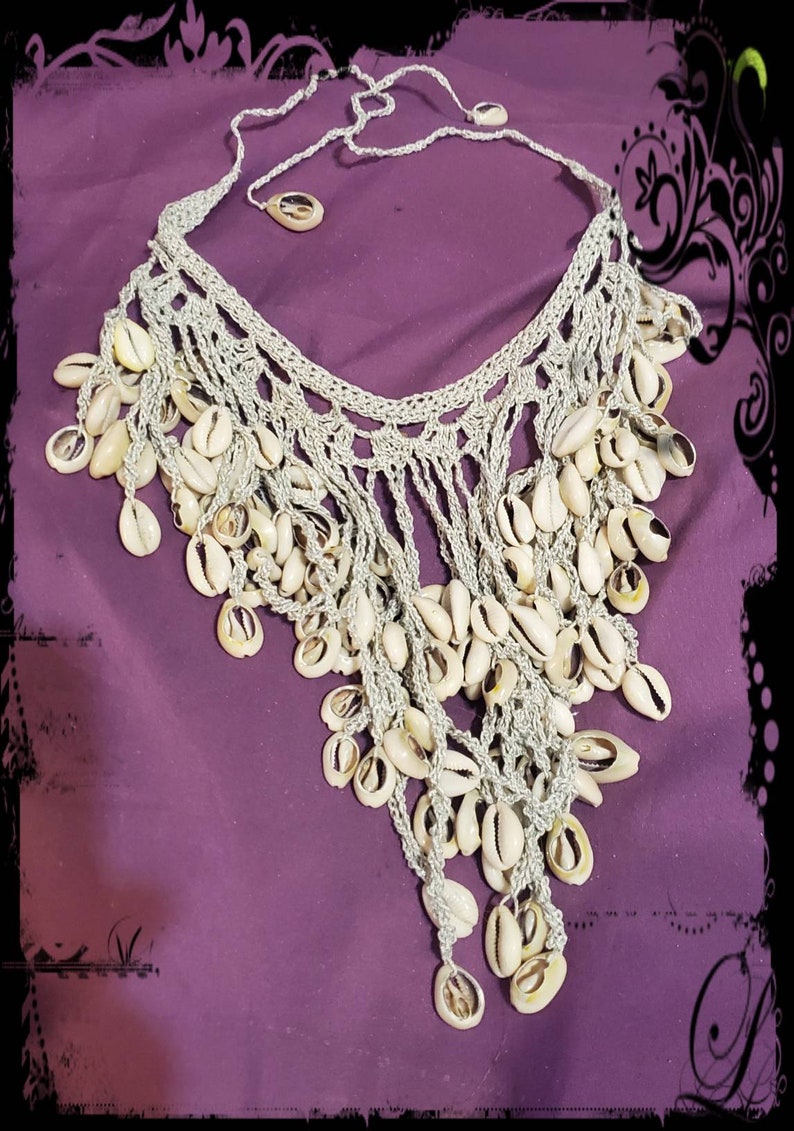 Hand Crochet Genuine Cowrie Shell Yemaya Orisha Necklace Silver Glitter Cotton Thread Ready 2 Ship Prosperity Fertility Yoruba Deity