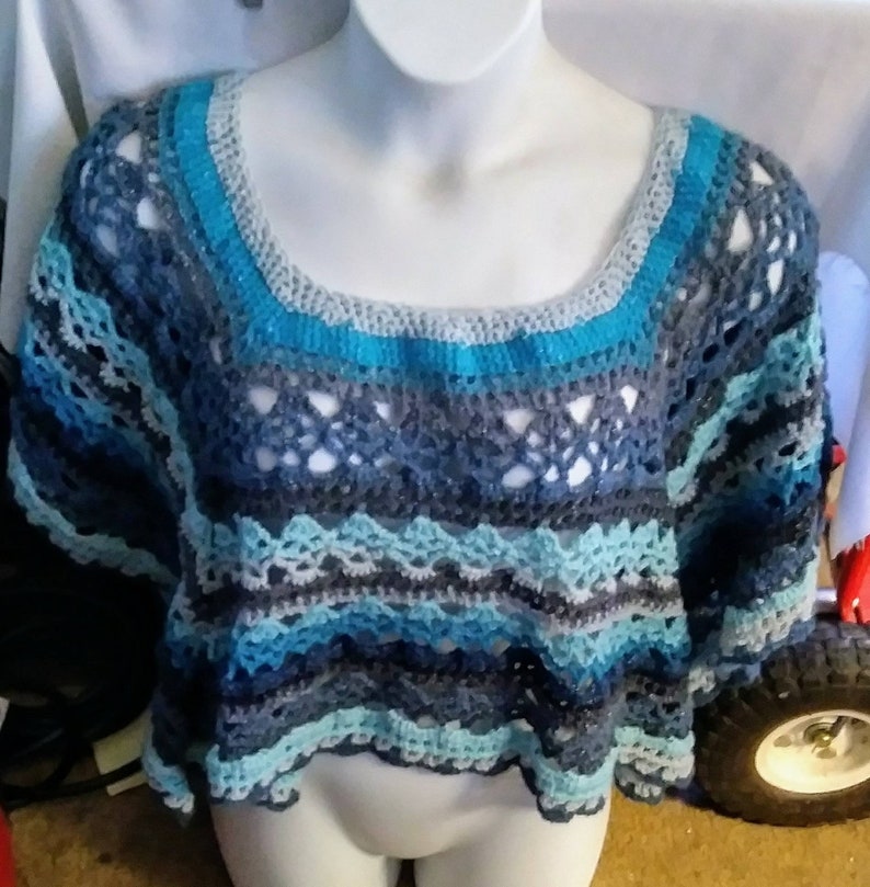 Plus Size Ready To Ship Hand Crochet Shades of Blue Lacey Poncho