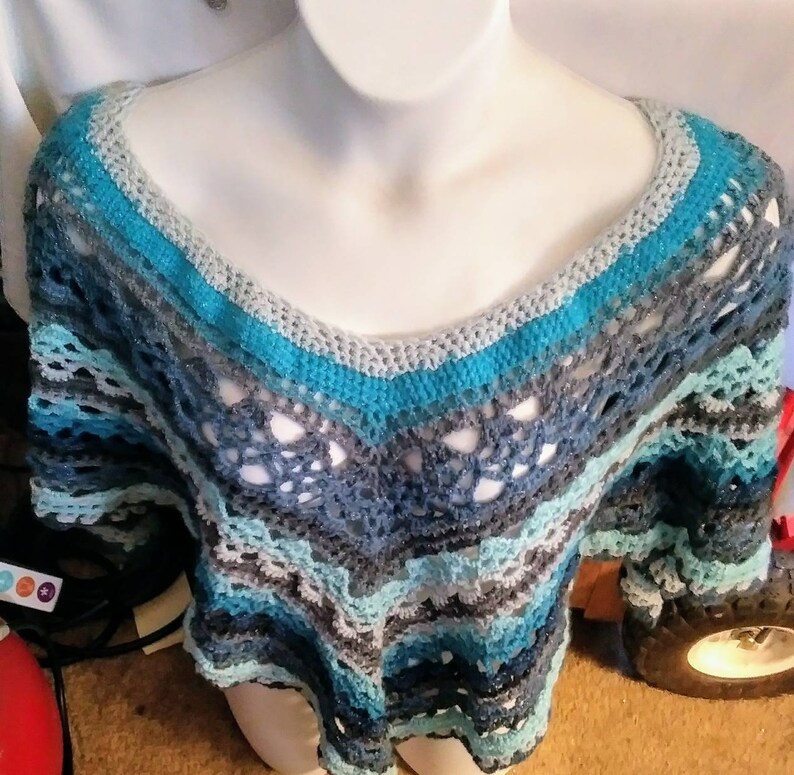 Plus Size Ready To Ship Hand Crochet Shades of Blue Lacey Poncho