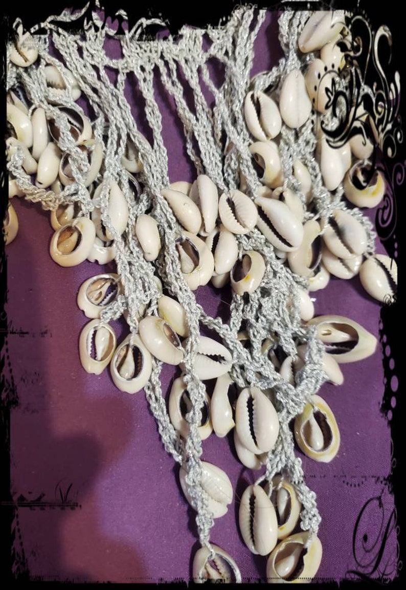 Hand Crochet Genuine Cowrie Shell Yemaya Orisha Necklace Silver Glitter Cotton Thread Ready 2 Ship Prosperity Fertility Yoruba Deity