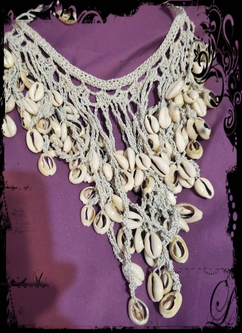Hand Crochet Genuine Cowrie Shell Yemaya Orisha Necklace Silver Glitter Cotton Thread Ready 2 Ship Prosperity Fertility Yoruba Deity
