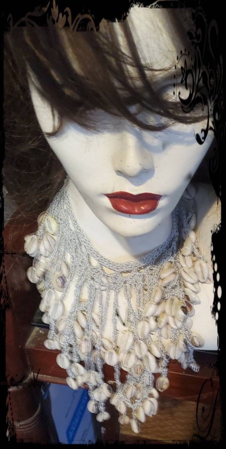 Hand Crochet Genuine Cowrie Shell Yemaya Orisha Necklace Silver Glitter Cotton Thread Ready 2 Ship Prosperity Fertility Yoruba Deity