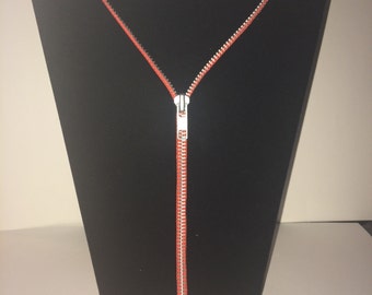 Zipper Necklace - 30" Orange & Silver