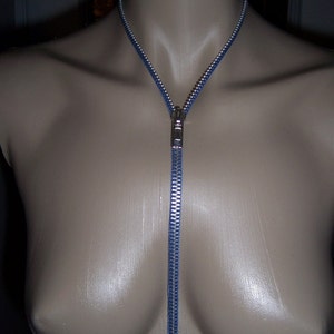 ZIPPER NECKLACE, blue and silver 30&quot;