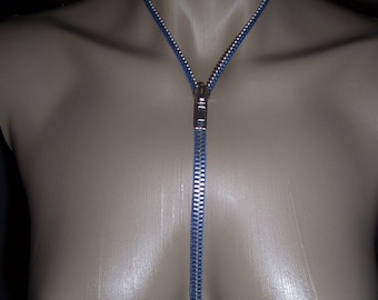 ZIPPER NECKLACE, blue and silver 30"