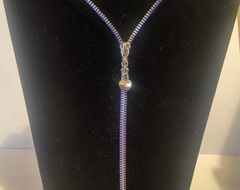 Zipper Necklace That Zips, Blue And Gold Tone