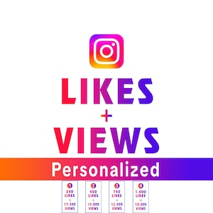 May include: A graphic featuring the Instagram logo above the text LIKES + VIEWS and the word Personalized on a gradient bar. Below are four numbered boxes listing combinations of 250 to 1,000 likes and 10,000 to 17,500 views in white text.