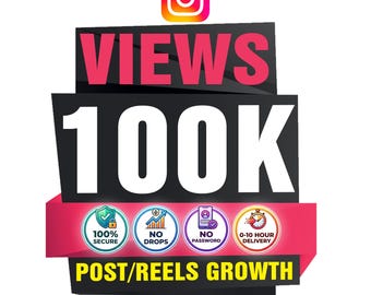Puede incluir: Un diseño gráfico con el logo de Instagram sobre el texto VIEWS 100K en letras blancas grandes sobre un fondo negro. Debajo, una banda rosa muestra cuatro iconos circulares con el texto: 100% SECURE, NO DROPS, NO PASSWORD, 0-10 HOUR DELIVERY.