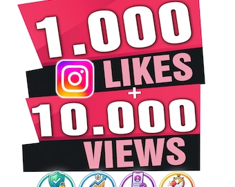 May include: A graphic advertisement featuring the text 1.000 LIKES + 10.000 VIEWS with an Instagram logo. Below are four circular icons labelled 100% SECURE, NO DROPS, NO PASSWORD, and 0-1 HOUR DELIVERY on a pink and black background.