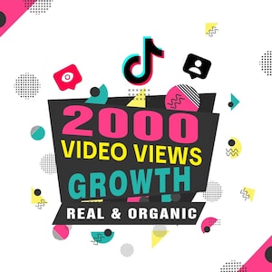 Puede incluir: Un diseño gráfico que presenta el logotipo de TikTok sobre una pancarta negra con el texto 2000 VIDEO VIEWS GROWTH REAL & ORGANIC. El fondo es blanco con formas geométricas coloridas dispersas, incluyendo círculos rosas, triángulos amarillos y puntos negros.