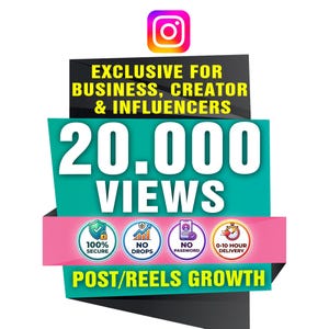 Peut inclure: Une publicité graphique avec le logo Instagram au-dessus du texte EXCLUSIVE FOR BUSINESS, CREATOR & INFLUENCERS, 20.000 VIEWS et POST/REELS GROWTH. Quatre icônes circulaires indiquent 100% SECURE, NO DROPS, NO PASSWORD et 0-10 HOUR DELIVERY.