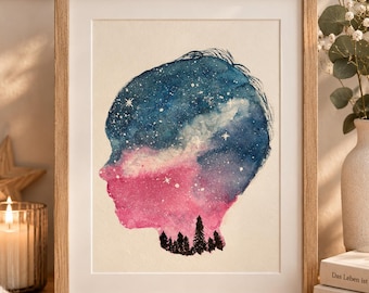 Retrato personalizado con motivos de acuarela, foto infantil, silueta, decoración de pared, arte para la habitación de los niños, regalo de cumpleaños para padres.