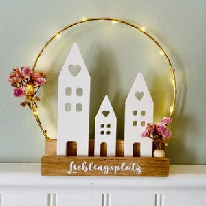 Raysin Spring Gifts Light Houses Loop with Wooden Blocks Light House Wreath Decorative Ring Gold 20 cm Flower with LED String Lights Table Decoration