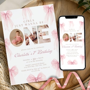 Op de afbeelding: Een verjaardagsuitnodiging met een roze strik ontwerp en de tekst "GIRLS JUST WANNA BE ONE." De uitnodiging bevat een foto van een baby en details voor Charlotte's 1e verjaardag.
