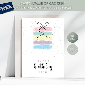 Cartão de Feliz Aniversário - Download DIGITAL - Cartão de Aniversário para Imprimir com Pinceladas de Aquarela - Cartão de Aniversário para Imprimir - Cartão para Imprimir