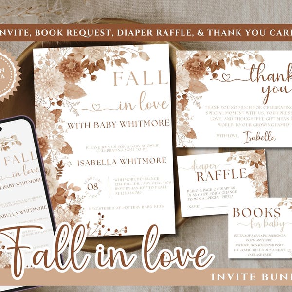 Fall in Love with Baby Shower Invitation Bundle | Editable Canva Template | Autumn Baby Shower Invite Set (Digital Download)
