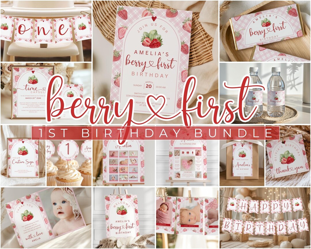 Berry First Strawberry Birthday Party Decor Mega Bundle| Gingham ...