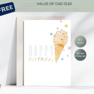 Tarjeta de Feliz Cumpleaños - Descarga Digital - Tarjeta de Cumpleaños Imprimible con Helado Espolvoreado con Acuarela - Tarjeta de Helado Imprimible - Tarjeta Imprimible