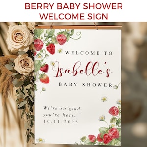 Strawberry Baby Shower Welcome Sign: Berry Sweet Party Decor (Digital Download, Editable Canva Template)