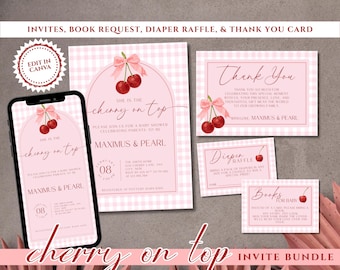 Paquete de invitaciones para baby shower "Ella es la cereza del pastel" / Plantilla con temática de cereza a cuadros rosa / Descarga digital