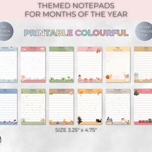 Pode incluir: Uma coleção de doze blocos de notas temáticos, cada um representando um mês do ano. Os blocos de notas medem 8,26 cm x 12,07 cm, com designs coloridos e páginas pautadas. O texto inclui "Themed Notepads for Months of the Year" e "Printable Colourful".