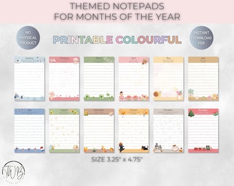 Colorful Printable Notepad Templates, 12 Months Cute Digital Designs Notepads, Digital Memo Sheet, To Do List Notepad for Gift Ideas