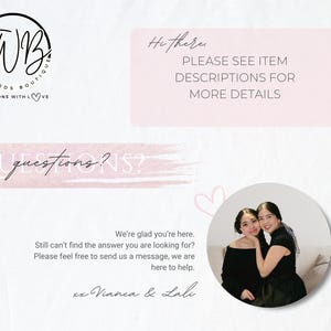 May include: A promotional image for The Words Boutique, featuring the logo, text, and a photo of two women. The text includes "Hi there, Please see item descriptions for more details" and "Questions?" with contact information.