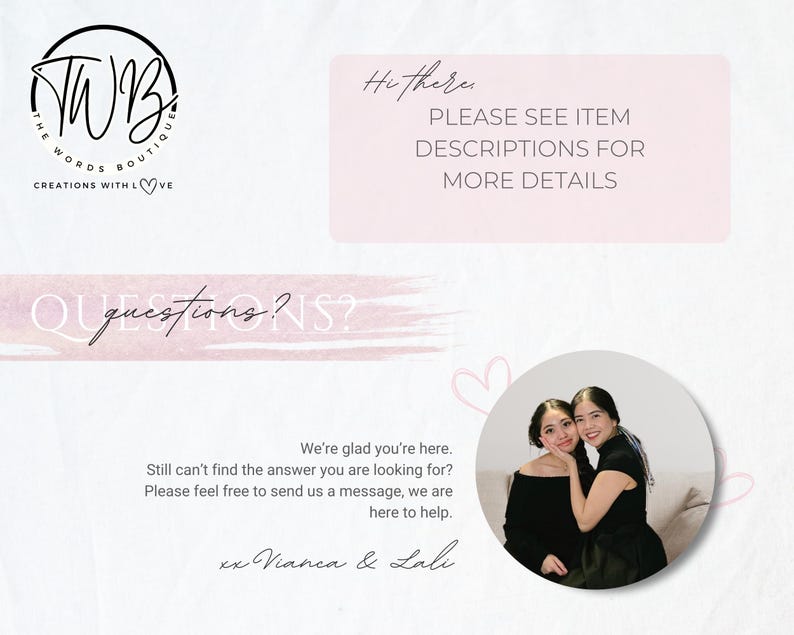 May include: A promotional image for The Words Boutique, featuring the logo, text, and a photo of two women. The text includes "Hi there, Please see item descriptions for more details" and "Questions?" with contact information.