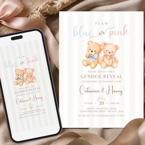 Puede incluir: Un teléfono inteligente y una tarjeta de invitación impresa con temática de revelación de género con dos ositos de peluche, uno con un lazo azul y otro con un lazo rosa. El texto dice Team blue or pink, Please join us for a gender reveal, Catarina & Harry, August 20, 10:00 AM, Smith's Ancestral Home, 1234 Woodland Drive, Any City, 5678, He or she? We can bearly wait to see.