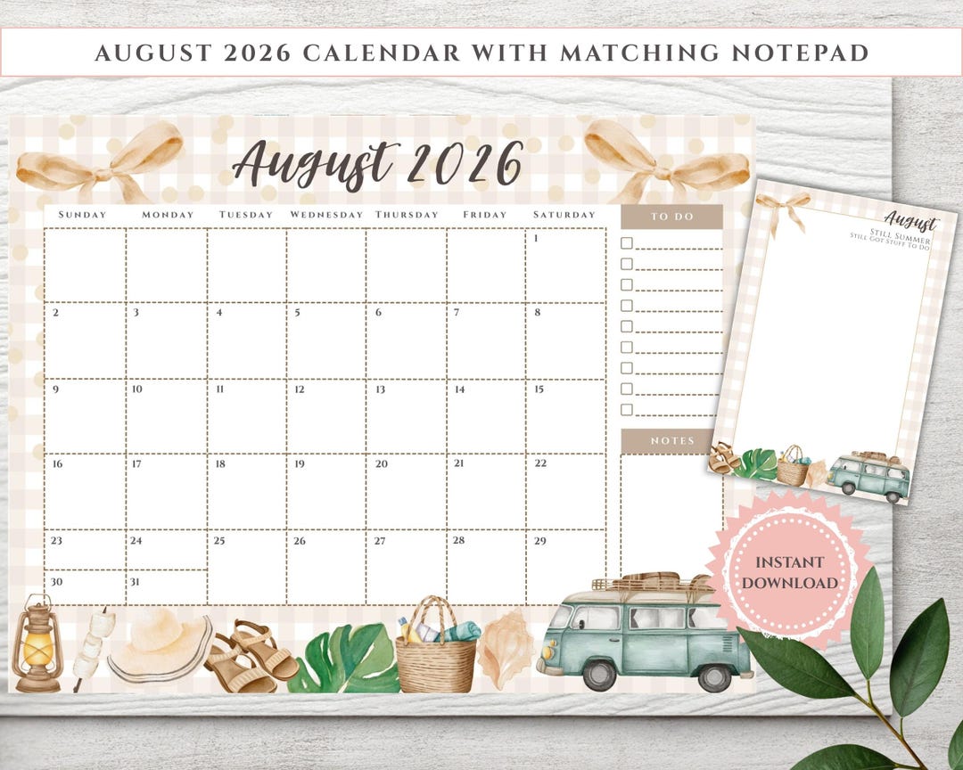 August Notepad 2026 August Calendar & Notepad: Picnic and Beach Themed (PDF and PNG ...