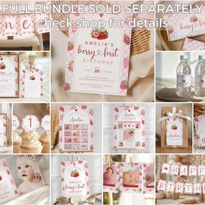 May include: A collection of strawberry-themed party decorations, including banners, invitations, and cupcake toppers. The designs feature a pink gingham pattern and strawberry illustrations. Text includes "Amelia's Berry First Birthday" and "Happy Birthday".