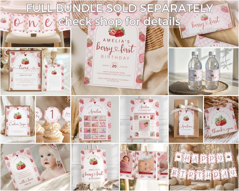 May include: A collection of strawberry-themed party decorations, including banners, invitations, and cupcake toppers. The designs feature a pink gingham pattern and strawberry illustrations. Text includes "Amelia's Berry First Birthday" and "Happy Birthday".