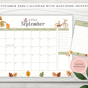 Calendario e blocco note di settembre 2026: planner a tema autunnale (download digitale)