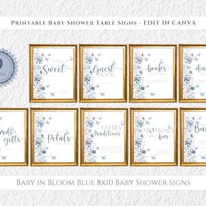 Baby in Bloom Blue Baby Shower Table Signs | Wildflower Butterfly Decor (Digital Download)