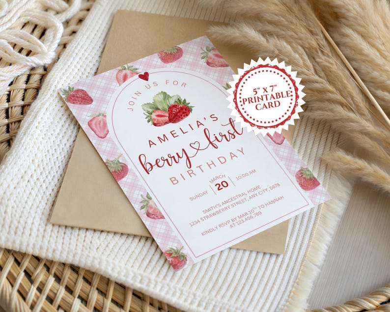 May include: A printable 5" x 7" birthday card with a strawberry theme. The card features the text "Amelia's first berry birthday" in a whimsical font, surrounded by strawberry illustrations and a pink gingham pattern. Includes RSVP information.