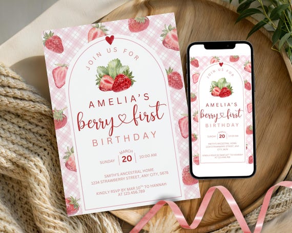 Berry First Birthday Invitation | Editable Canva Template | Strawberry Pink Gingham + Watercolor Strawberries (Digital Download)