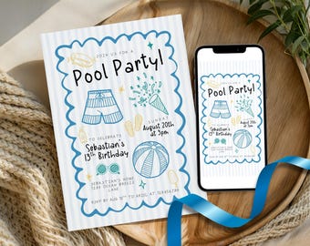 Boys Pool Party Invitation Editable Canva Template | Summer Kids Swim Birthday (Digital Download)