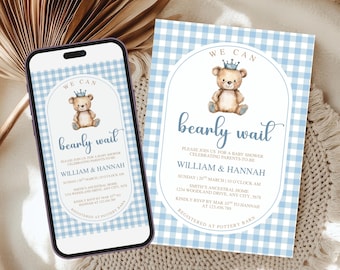 We Can Bearly Wait Baby Shower Invitation | Blue Gingham, Editable Canva Template (Digital Download)