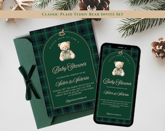 Classic Tartan Plaid Teddy Bear Baby Shower Invite & Evite | Editable Canva Template