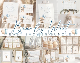Boho Blue Teddy Bear Baby Shower Bundle: Editable Canva Templates