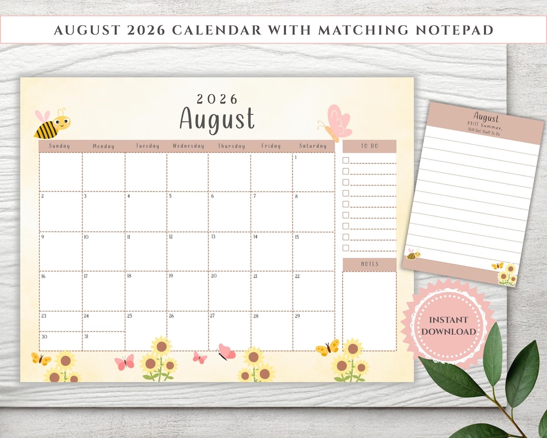 August Notepad 2026 August Calendar & Notepad: Sunflower Bee Theme (PDF and PNG ...
