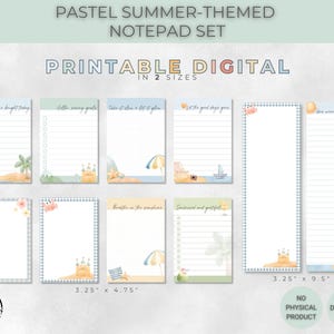 Könnte beinhalten: Ein pastellfarbenes digitales Notizblock-Set mit Strandmotiven. Das Set enthält verschiedene Notizblock-Designs mit Sätzen wie "Scheine hell heute" und "Hallo sonnige Ziele". Die Notizblöcke sind in zwei Größen erhältlich: 8,26 cm x 12,07 cm und 8,26 cm x 24,13 cm.