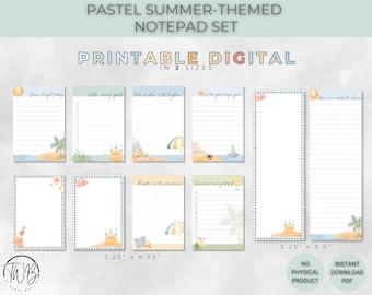 Sommer Notizblock Set – 10 Pastell Strand Designs – Sonne, Meer, Sand, Boot, Regenschirm – Digital Briefpapier – Sofort Download PDF